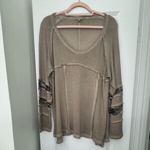 Three Bird Nest Beige BOHO Tunic with Camo Sleeves